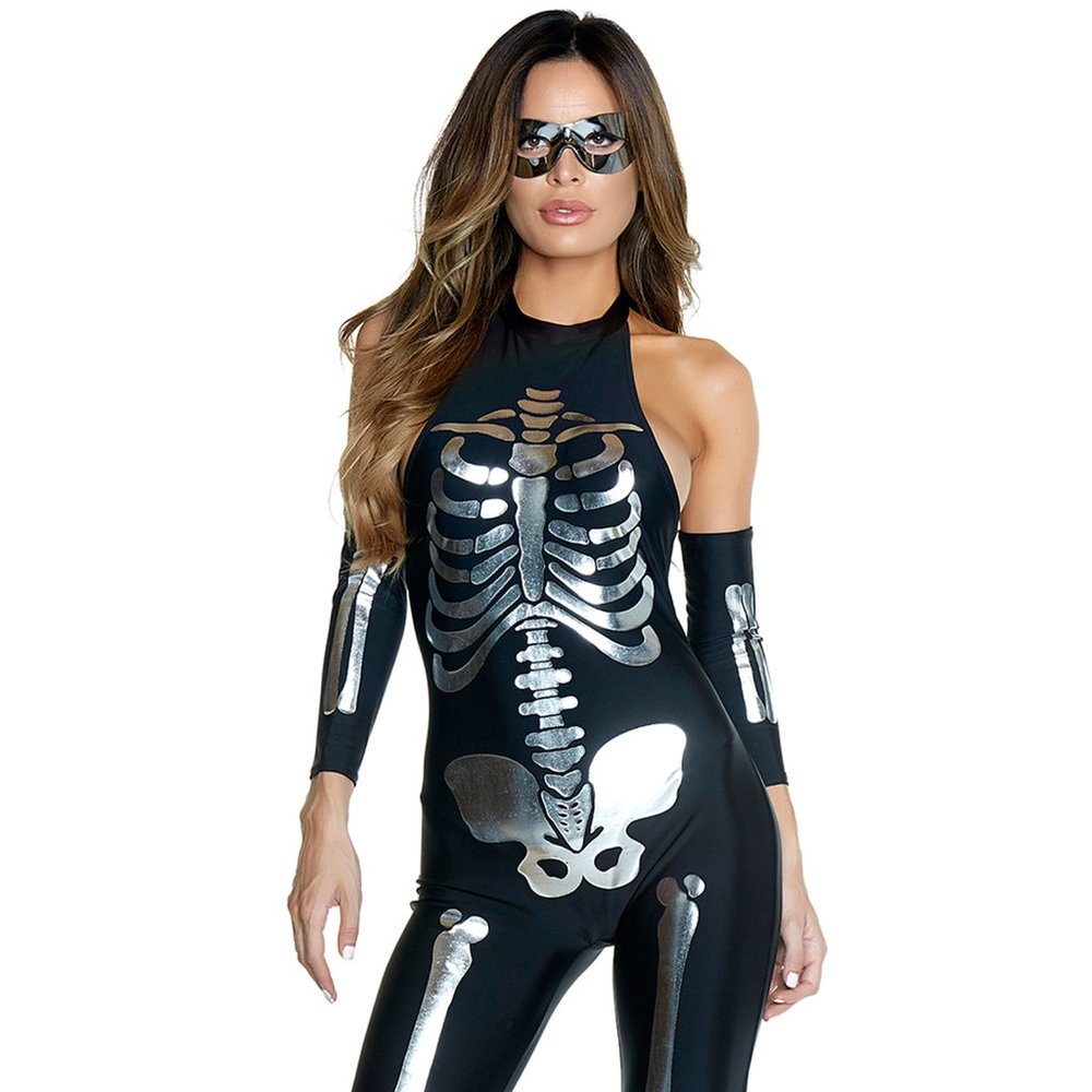 Skeleton Costume Set Metallic Bone Print Jumpsuit and Arm Sleeves